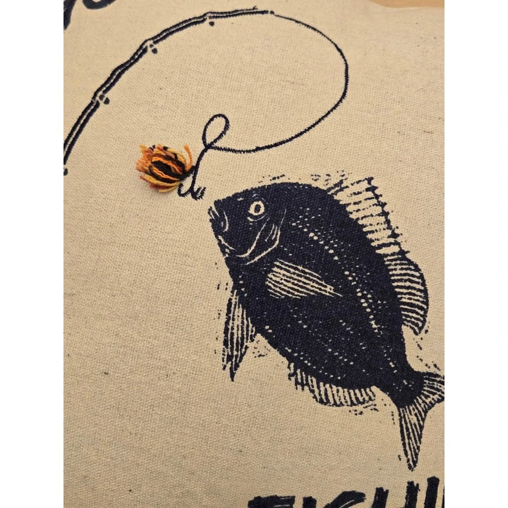 Gone Fishin Throw Pillow Screen Print Recycled Cotton Canvas